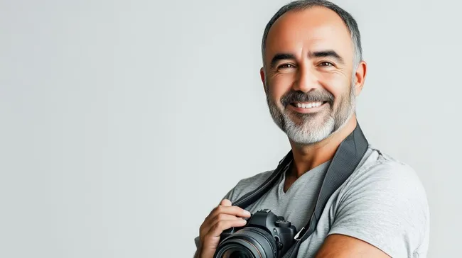 Lächelnder Fotograf mit Kamera und grauem Hintergrund