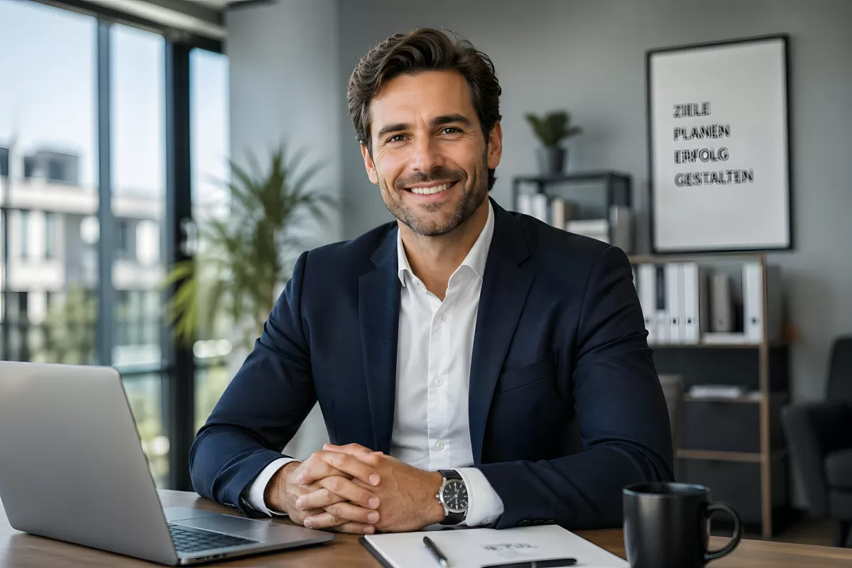 Lächelnder Geschäftsmann am Schreibtisch im modernen Büro