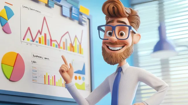 Lächelnder Geschäftsmann erklärt Diagramme auf Präsentationsboard