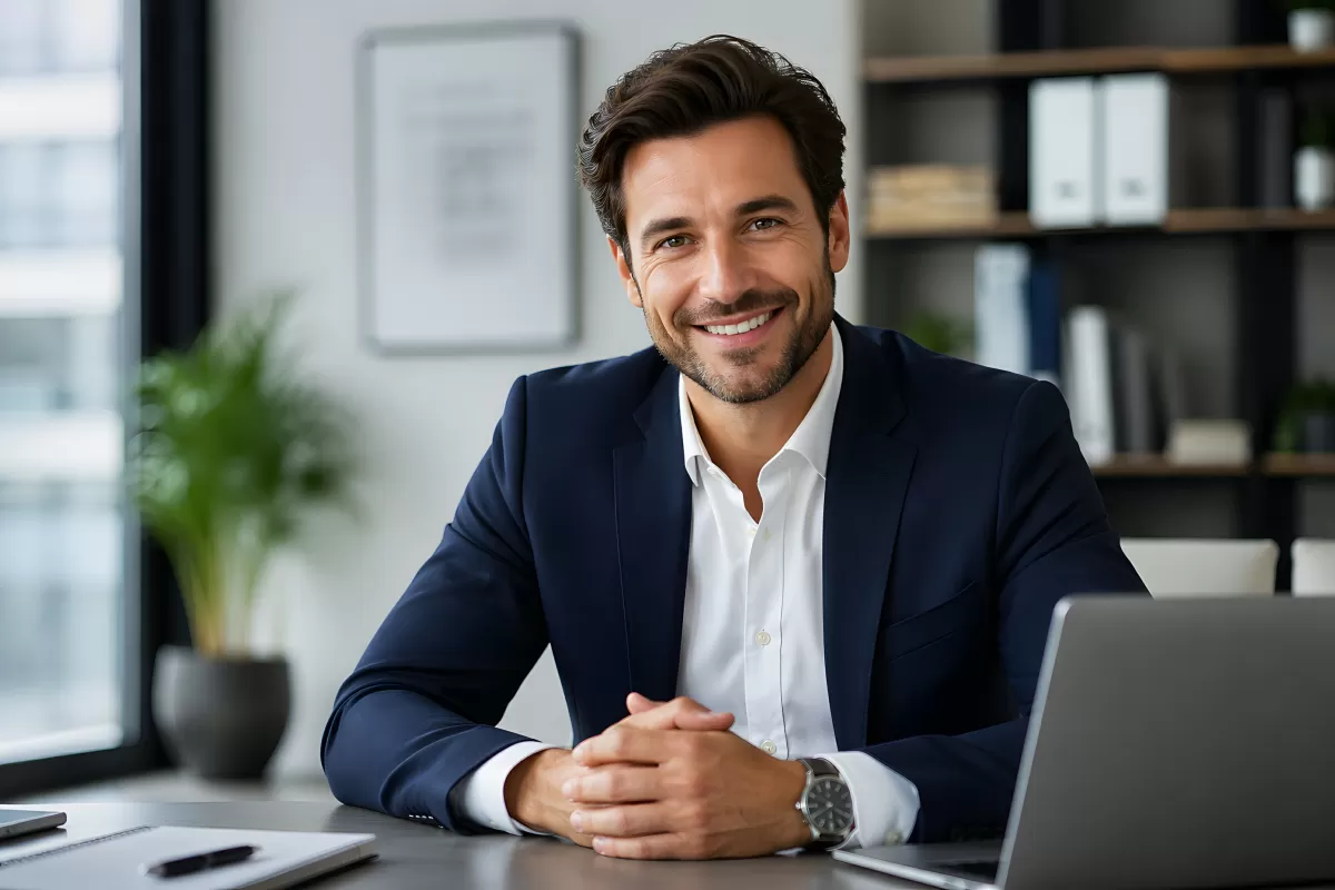 Lächelnder Geschäftsmann im Büro am Schreibtisch