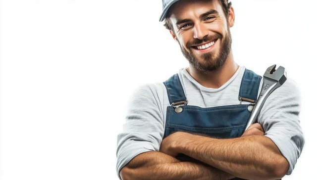 Lächelnder Handwerker in Arbeitsoverall mit Schraubenschlüssel