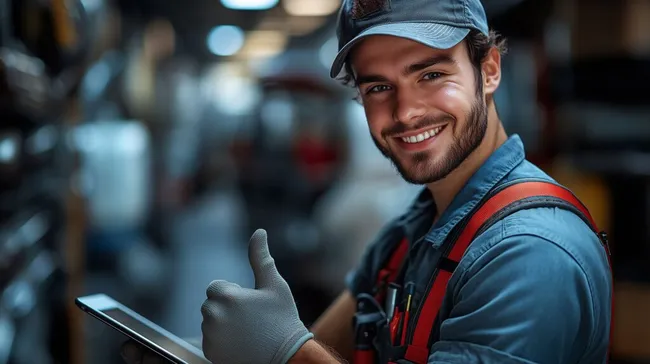 Lächelnder Handwerker mit Daumen hoch in Lagerhalle