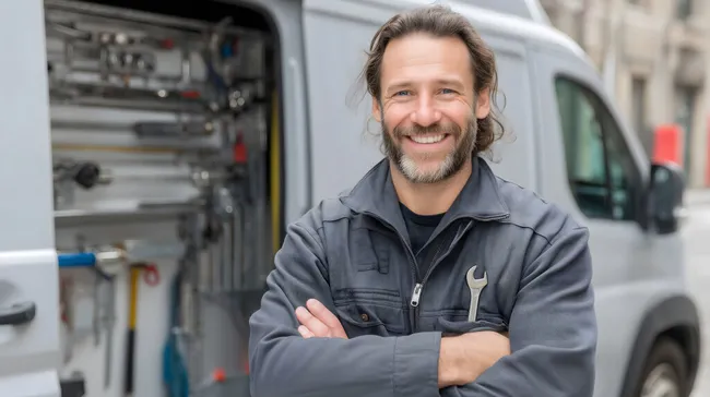 Lächelnder Handwerker mit Werkzeugkasten am Lieferwagen
