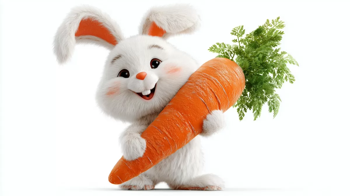 Lächelnder Hase mit Karotte und Kräutern