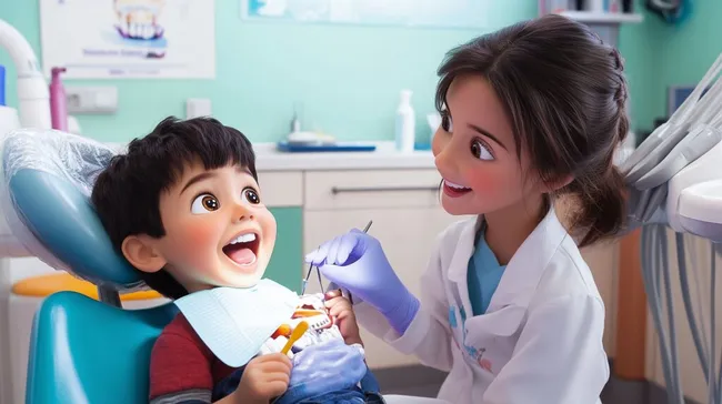 Lächelnder Junge beim Zahnarztbesuch in moderner Kinderklinik