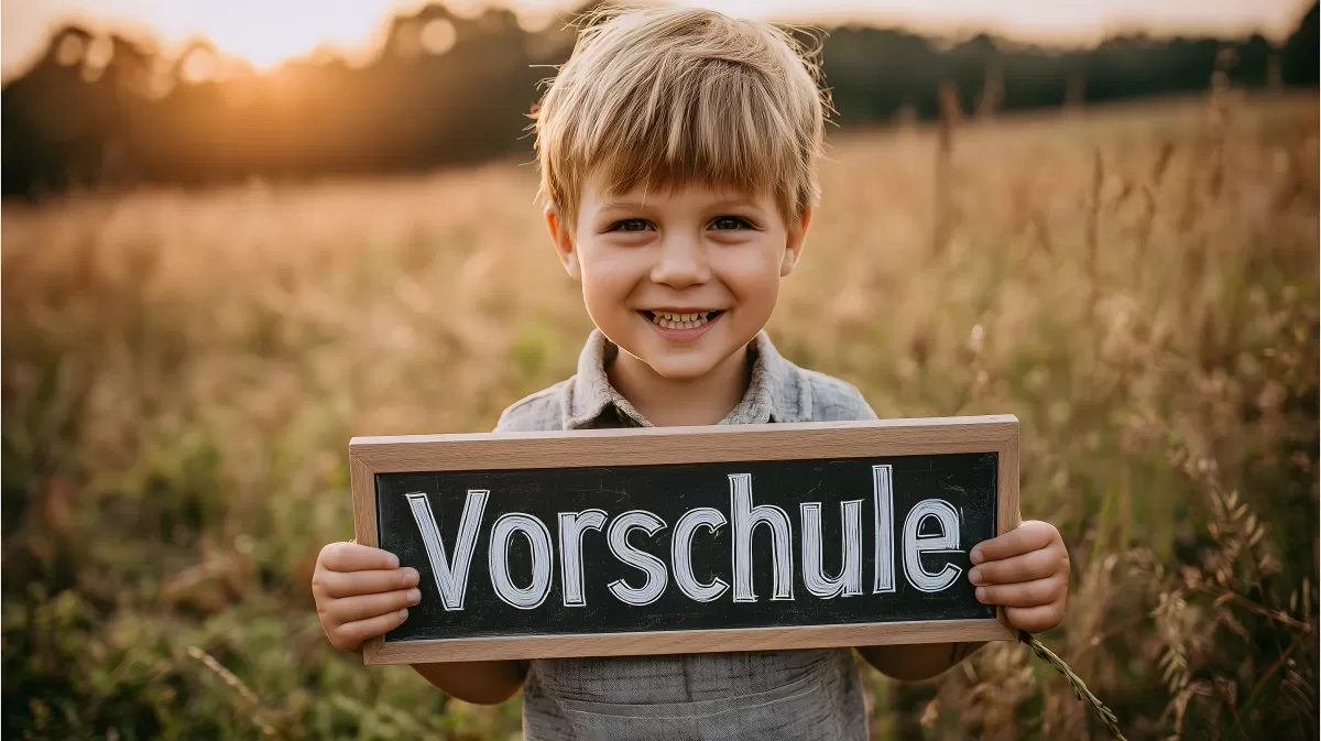 Lächelnder Junge hält Tafel mit Schuleingang-Aufschrift