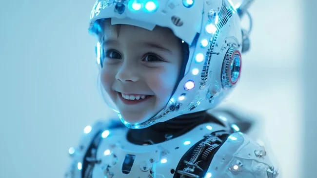 Lächelnder Junge im futuristischen Roboterkostüm