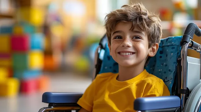 Lächelnder Junge im Rollstuhl in bunter Umgebung