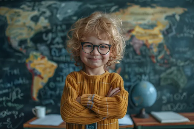 Lächelnder Junge mit Brille vor Weltkarte