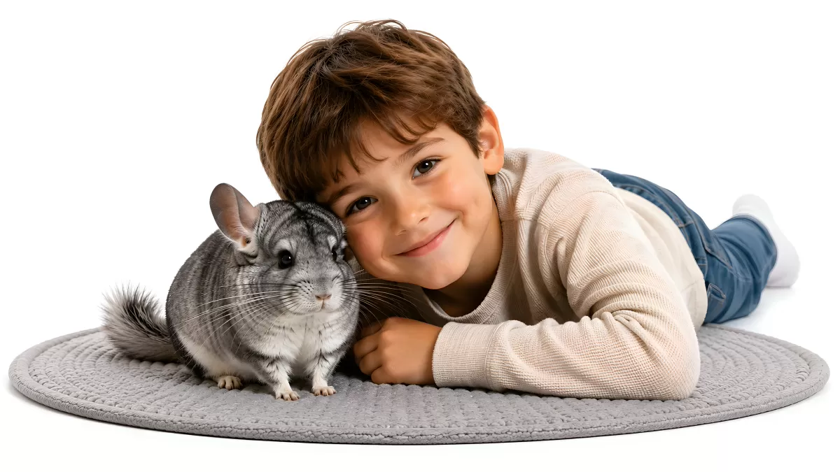 Lächelnder Junge mit Chinchilla auf dem Teppich
