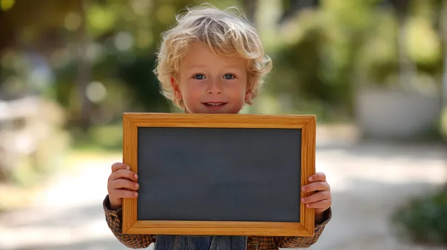 Lächelnder Junge mit leerer Tafel im Garten