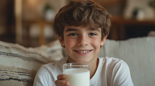 Lächelnder Junge trinkt Milch bei sich zuhause