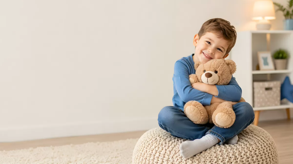 Lächelnder Junge umarmt seinen Teddybären zuhause