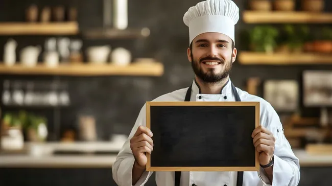 Lächelnder Koch in weißer Uniform hält leeres Schild