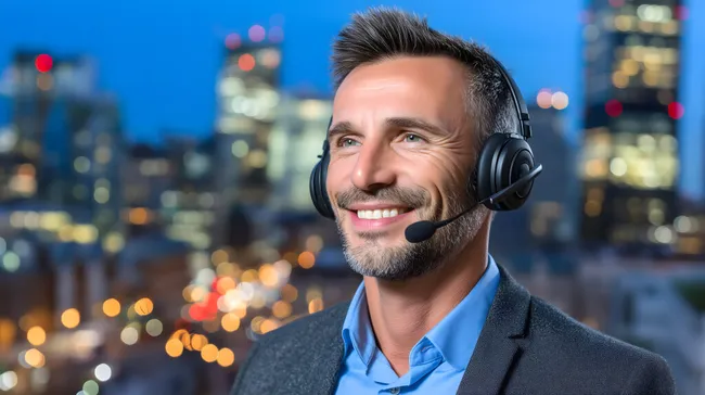 Lächelnder Kundenbetreuer mit Headset und Stadtpanorama