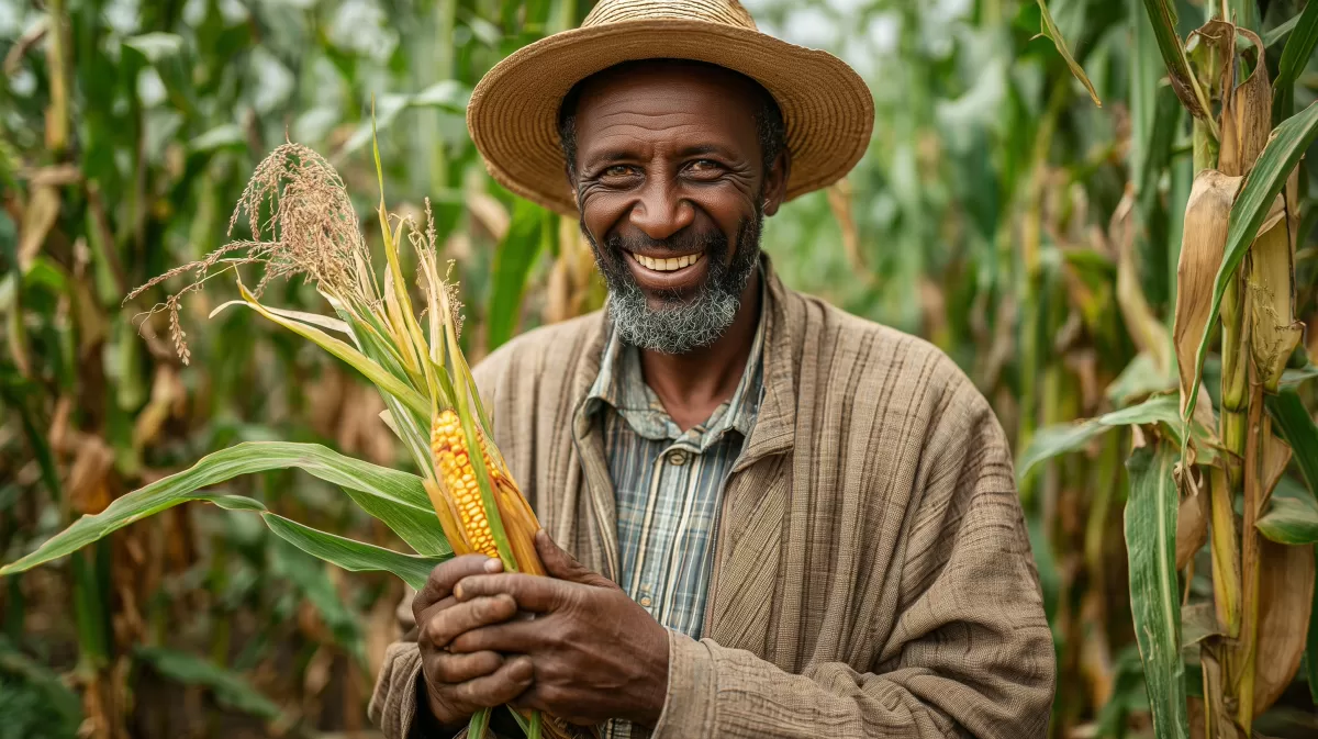 Lächelnder Landwirt mit Maiskolben auf Maisfeld