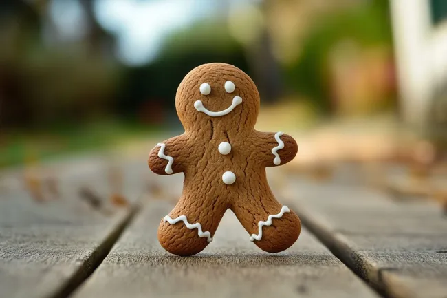 Lächelnder Lebkuchenmann auf Holzbrettern