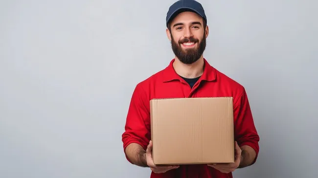 Lächelnder Lieferbote in roter Uniform hält Paket