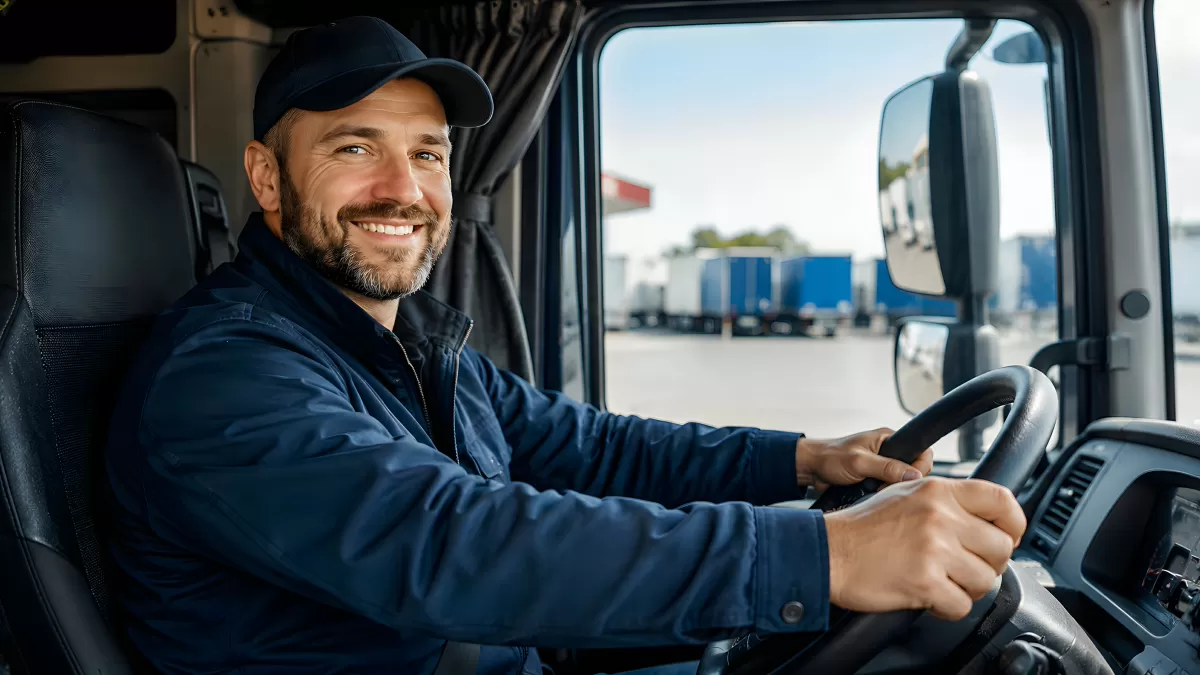 Lächelnder LKW-Fahrer sitzt am Steuer seines Trucks