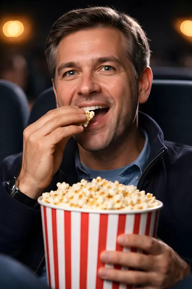 Lächelnder Mann genießt Kino-Snack