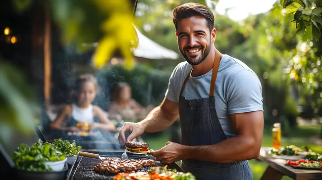Lächelnder Mann grillt saftige Burger im grünen Garten
