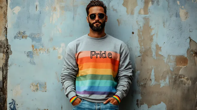 Lächelnder Mann in bunter Pride-Kleidung vor blauer Wand