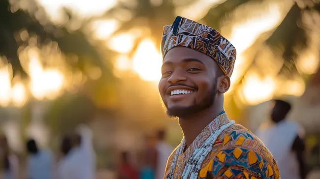 Lächelnder Mann in traditioneller afrikanischer Tracht bei Sonnenuntergang