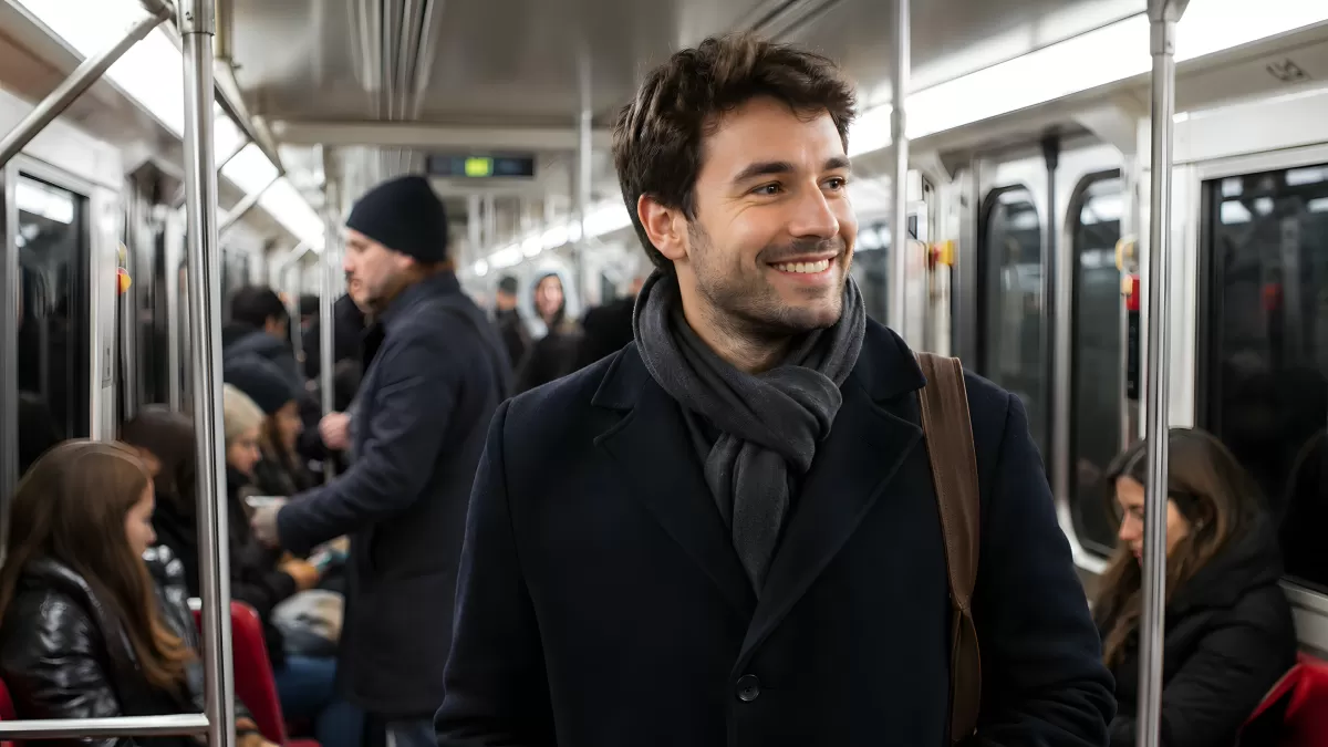 Lächelnder Mann in U-Bahn mit Schal und Mantel