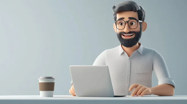 Lächelnder Mann mit Bart und Brille am Laptop