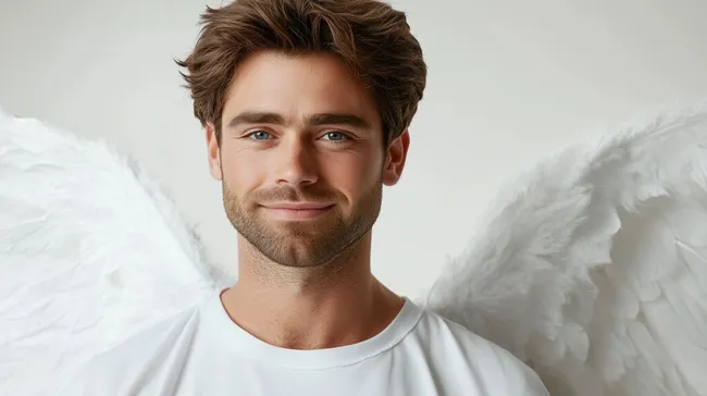 Lächelnder Mann mit Engelsflügeln