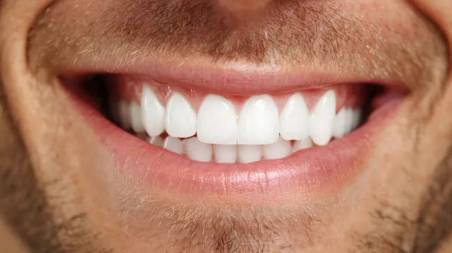 Lächelnder Mann mit weißen Zähnen und Bart