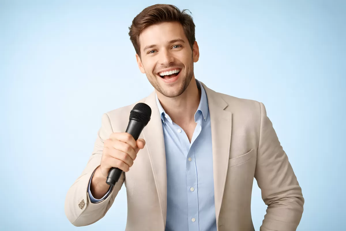 Lächelnder Mann präsentiert mit Mikrofon
