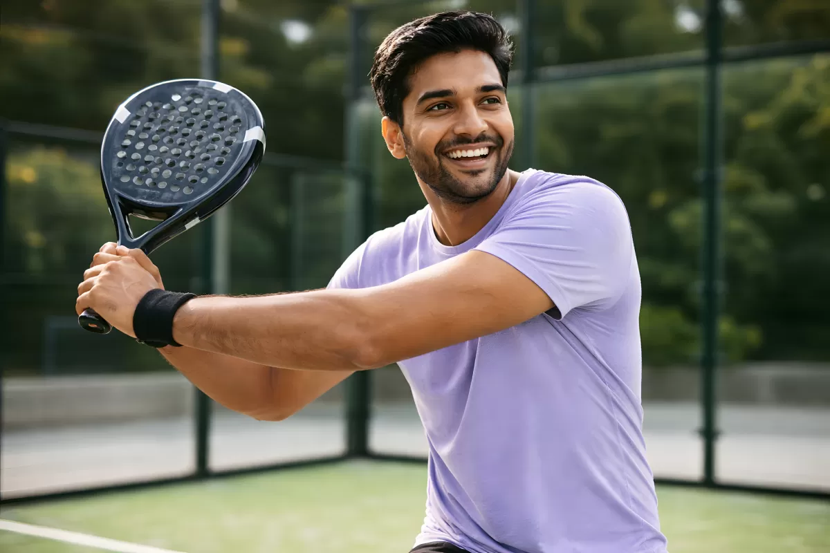 Lächelnder Mann spielt Padel auf einem Außenplatz