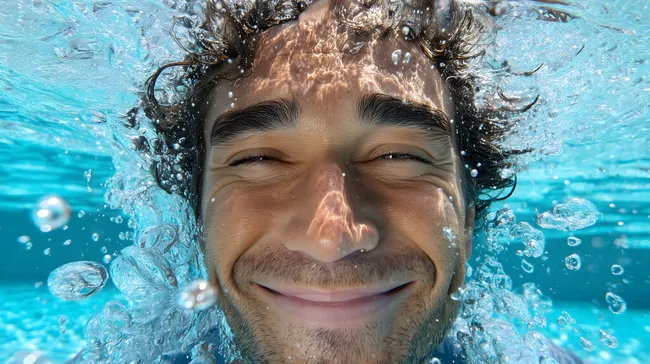 Lächelnder Mann taucht unter Wasser mit Luftblasen