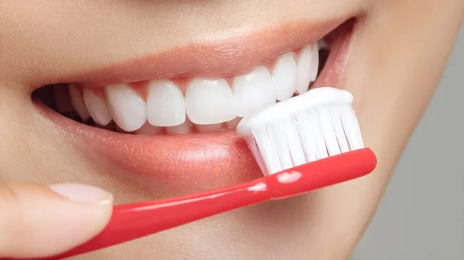 Lächelnder Mund beim Zähneputzen mit Zahnbürste