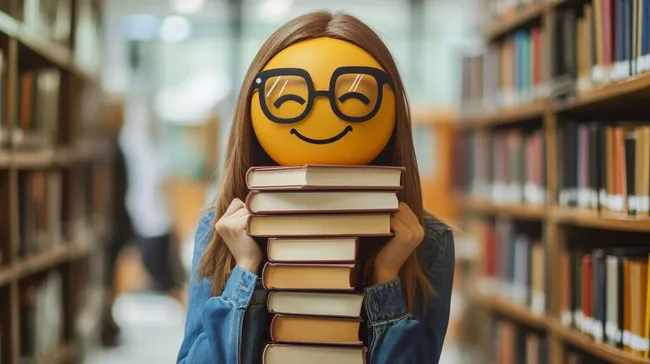 Lächelnder Nerd mit Bücherstapel in Bibliothek