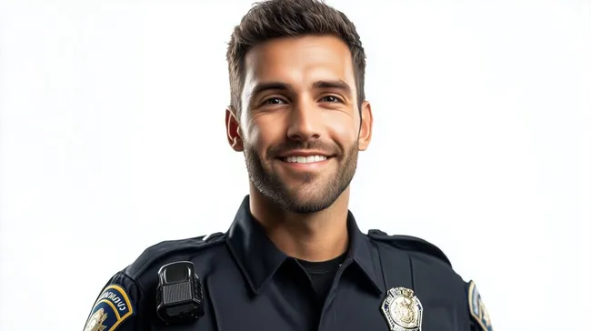 Lächelnder Polizeibeamter in Uniform vor weißem Hintergrund