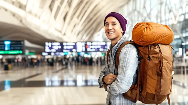 Lächelnder Reisender am Flughafen mit Rucksack