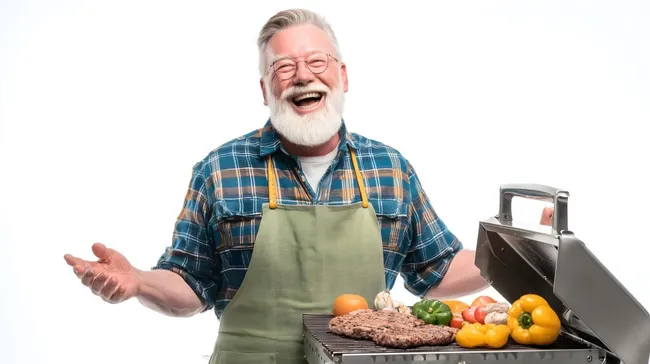 Lächelnder Rentner grillt Fleisch und Gemüse