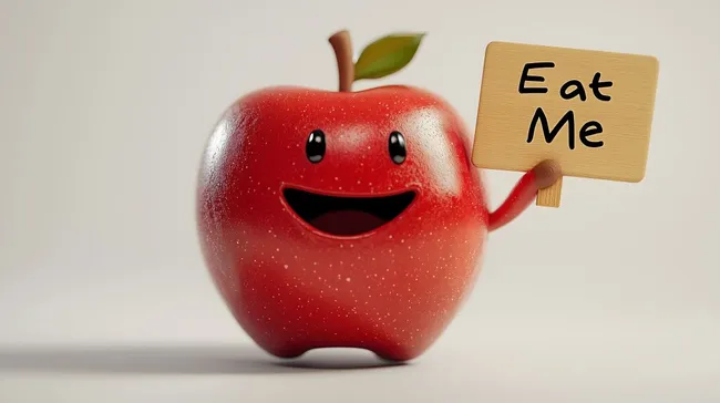 Lächelnder, roter Apfel hält Schild mit Aufschrift "Iss mich"