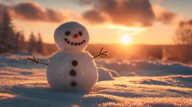 Lächelnder Schneemann bei Sonnenuntergang im Winterwald