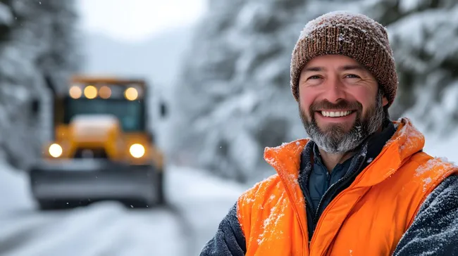Lächelnder Schneepflugfahrer an schneebedeckter Landstraße