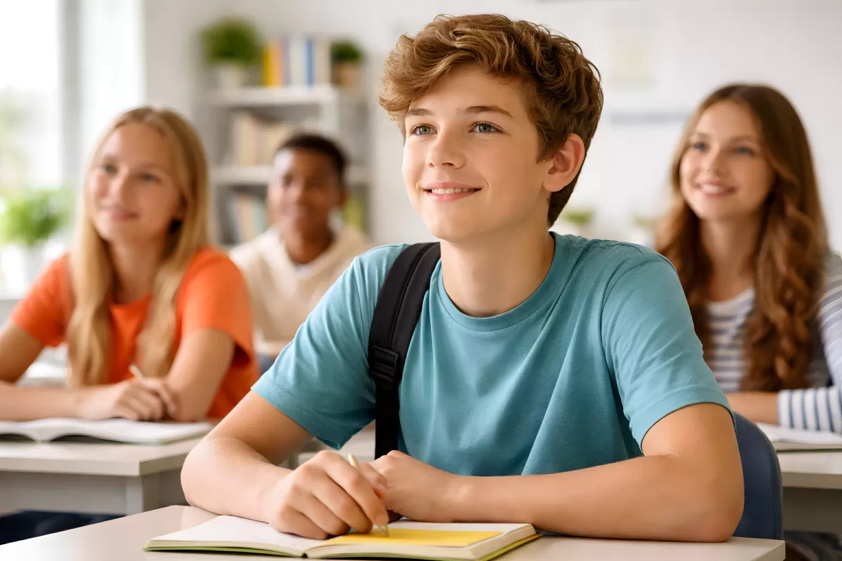 Lächelnder Schüler lernt gemeinsam mit Mitschülern