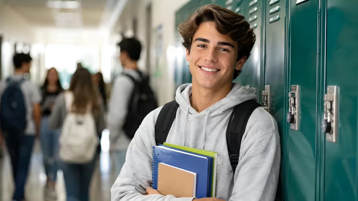 Lächelnder Schüler mit Heften vor Schulspinden
