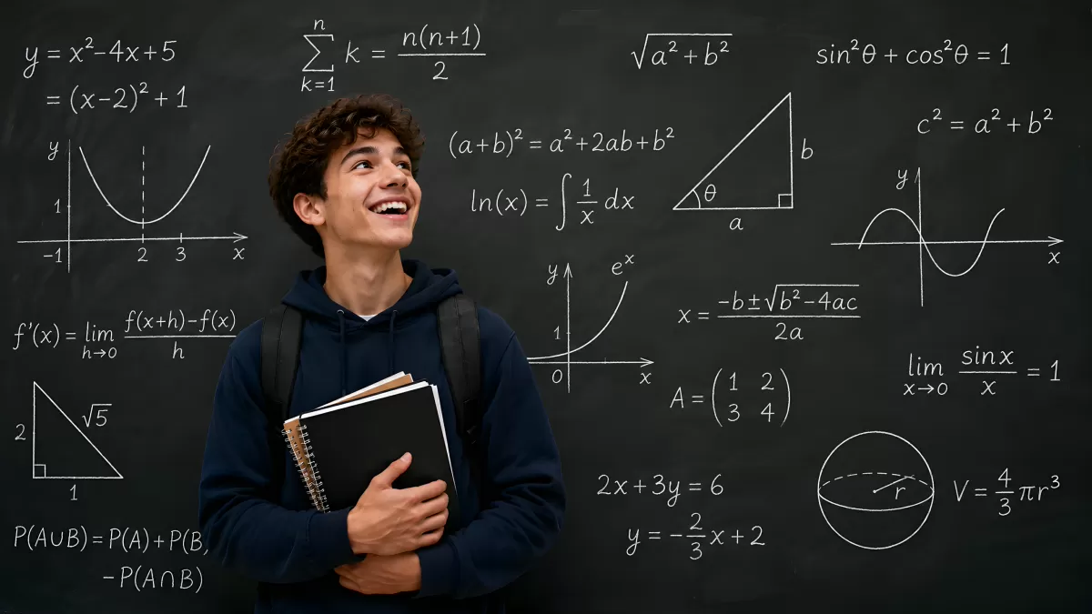 Lächelnder Schüler vor Tafel mit Matheformeln