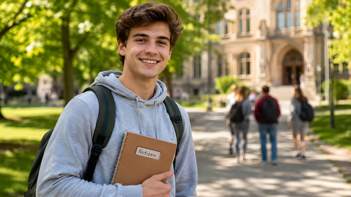 Lächelnder Student mit Notizbuch auf dem Uni-Campus