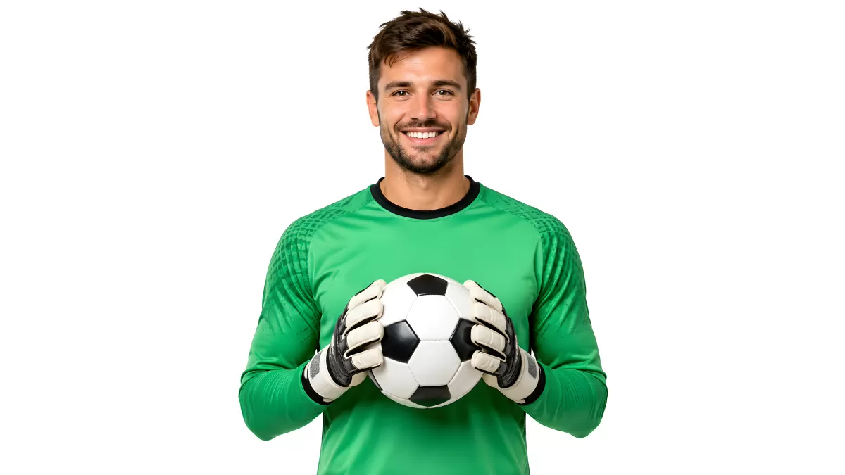 Lächelnder Torwart hält Fußball vor weißem Hintergrund