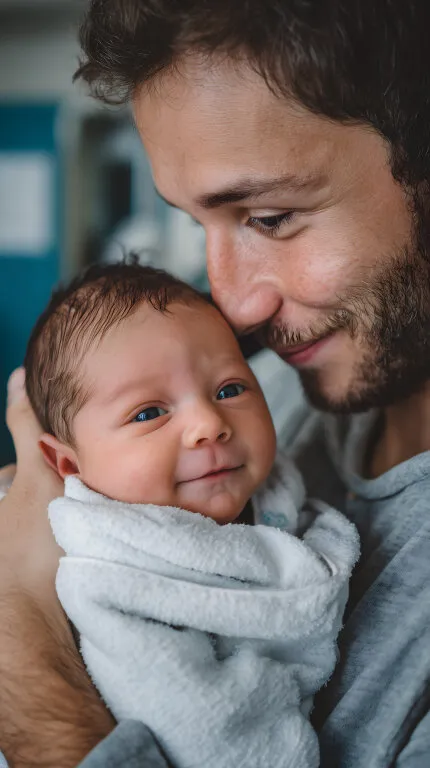 Lächelnder Vater umarmt sein Neugeborenes