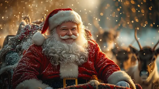 Lächelnder Weihnachtsmann mit Rentieren und Geschenken