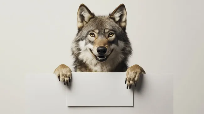 Lächelnder Wolf mit Schild auf hellem Hintergrund